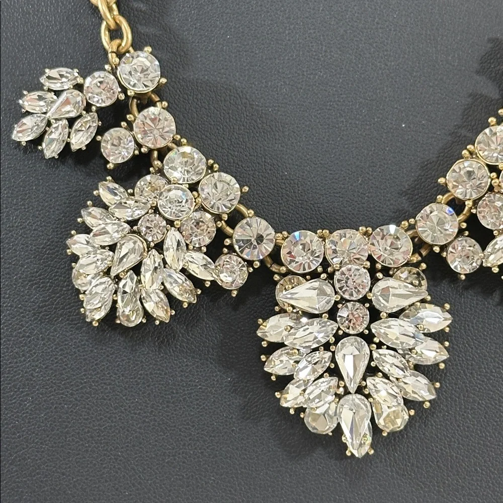 J Crew Vintage White Crystal Cluster Antique Gold Tone Statement Bib Necklace